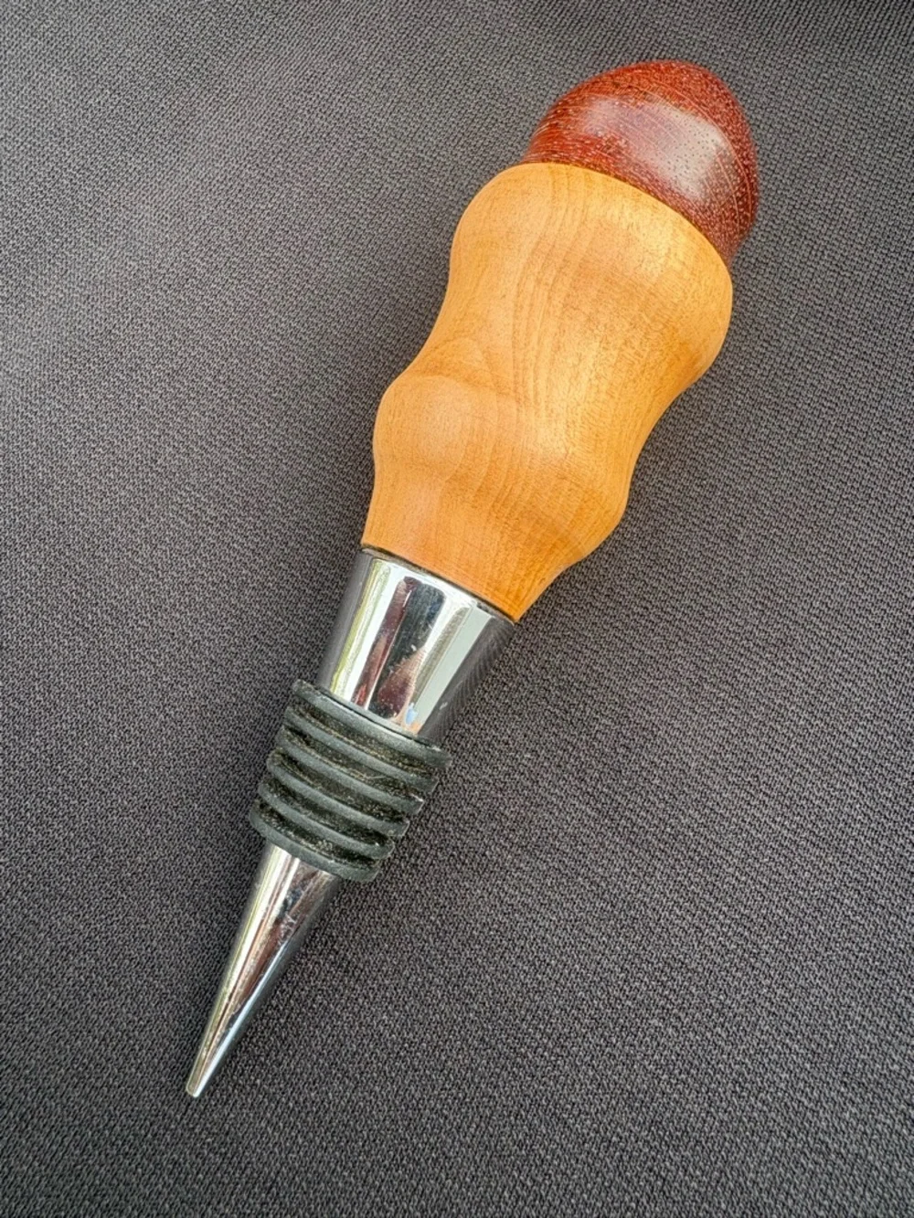 Two-Tone Turned Wood & Metal Wine Bottle Stopper Rustic Barware Gift
